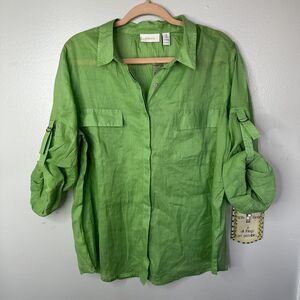 Chicos Breezy Twill Cotton Blend Green Button Up Shirt 3 XL Large $80